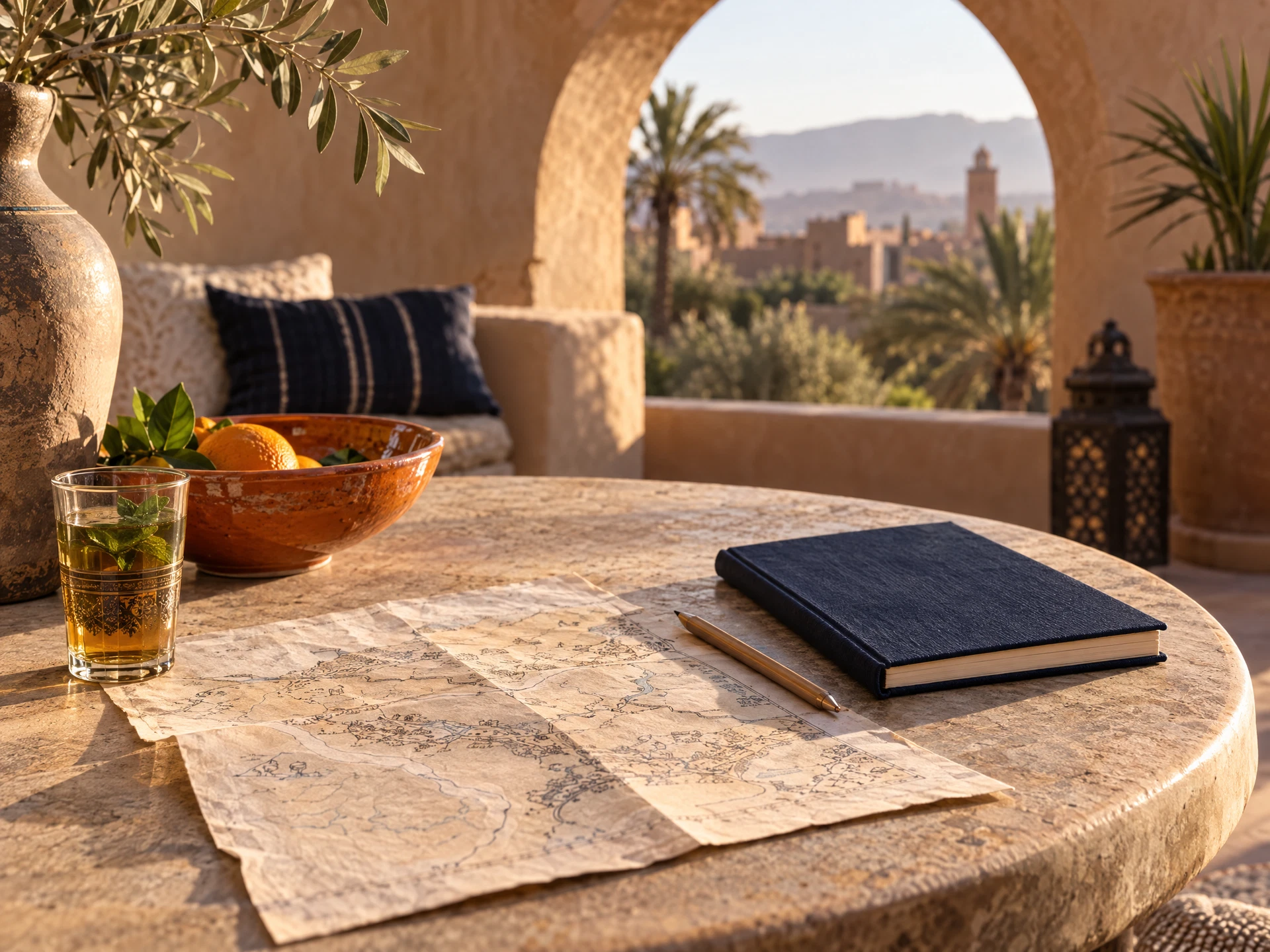 Illustrative travel-planning notebook, map and mint tea on a warm Moroccan-inspired terrace
